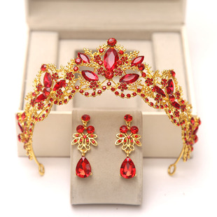 新娘红色皇冠耳环套装中式秀禾婚纱礼服发饰品敬酒服头饰大气结婚