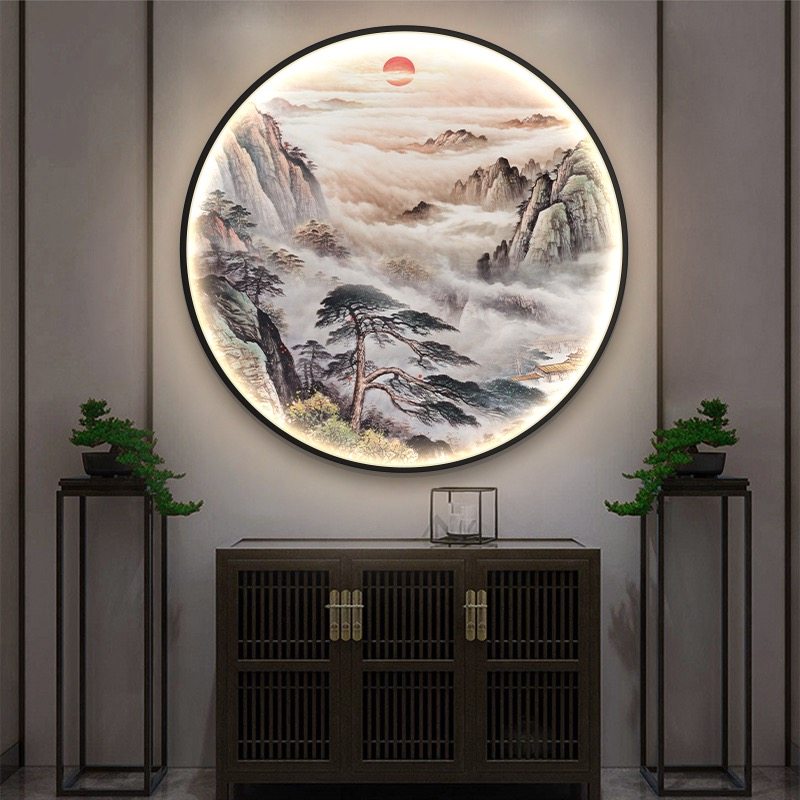 新中式入户玄关装饰画办公室书房圆形带灯壁画茶室走廊山水挂画