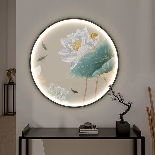 荷花新中式圆形装饰画轻奢玄关书房禅意灯画茶室水墨意境莲花圆画