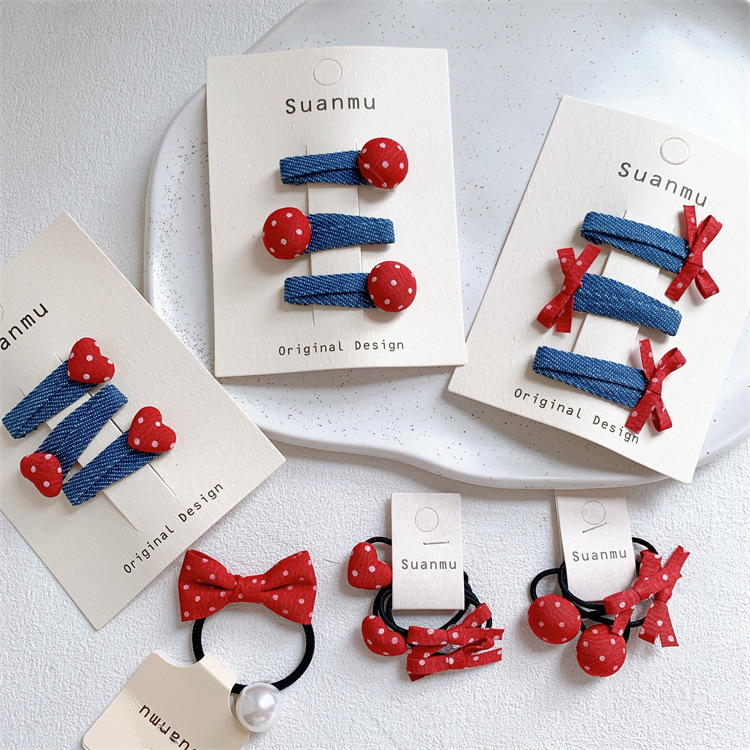 儿童牛仔圆点爱心蝴蝶结发夹发圈女童侧边刘海BB夹扎头发皮筋头绳