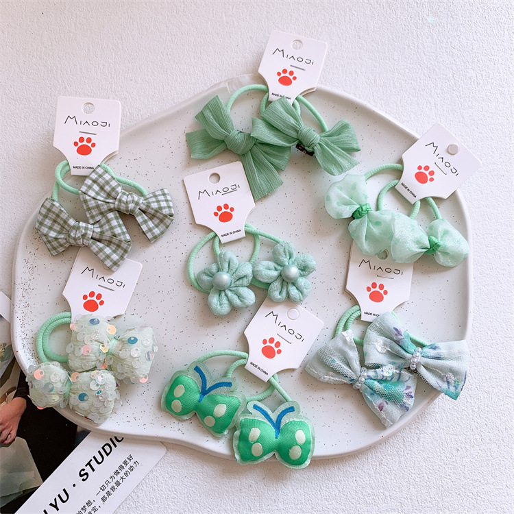 新款小清新绿色蝴蝶结儿童发圈女童对装花朵头绳扎头发橡皮筋发绳