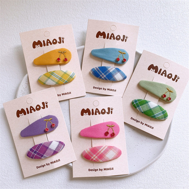 初秋新款儿童布艺格纹发夹水钻樱桃发卡BB夹女童刘海碎发侧边夹子