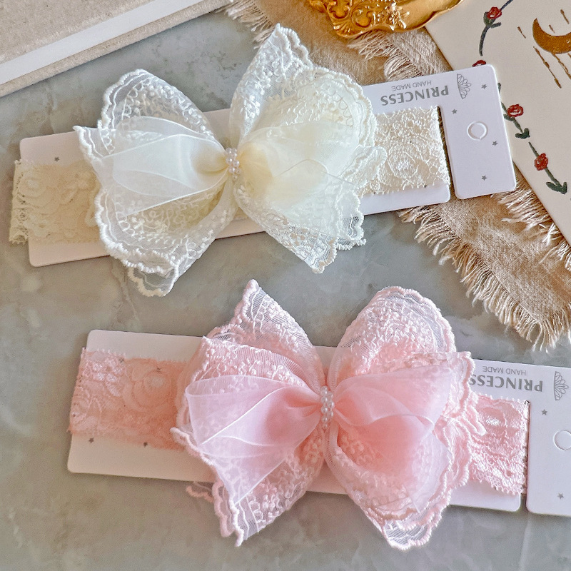 新款高品质粉色米白蕾丝婴儿发带手工大蝴蝶儿童公主发饰发夹顶夹