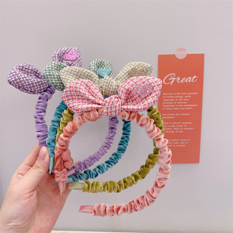 新款儿童格纹立体兔耳朵发箍甜美少女绒布褶皱头箍亲子款外出头扣