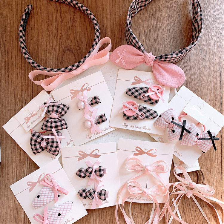新款儿童粉黑色格纹蝴蝶结发夹头绳甜美女童发箍对装发卡皮筋发圈