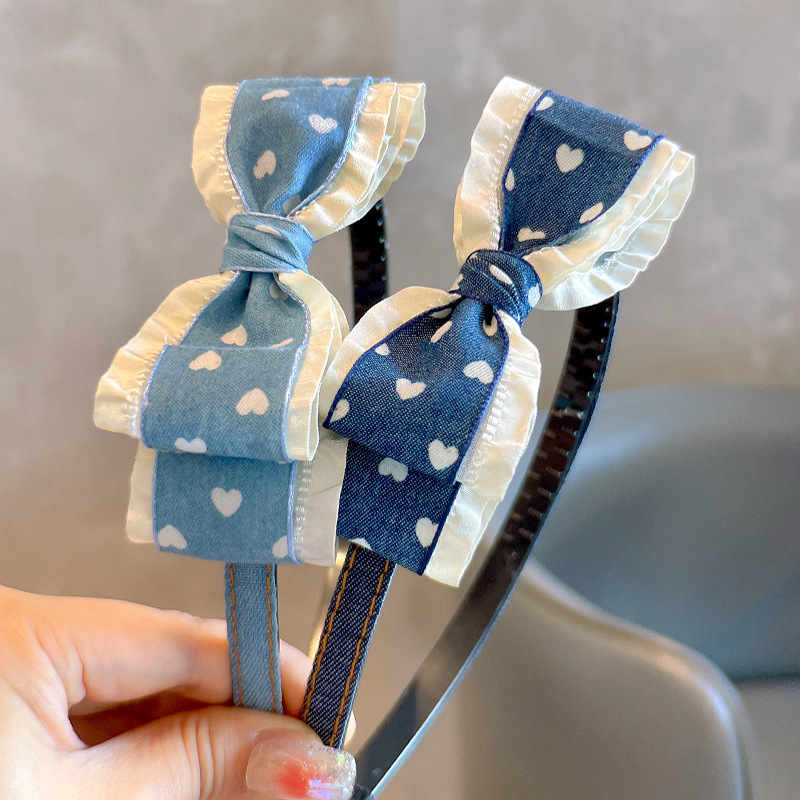 波比童话复古风爱心牛仔布艺双层蝴蝶结儿童发箍头扣女童发饰头饰