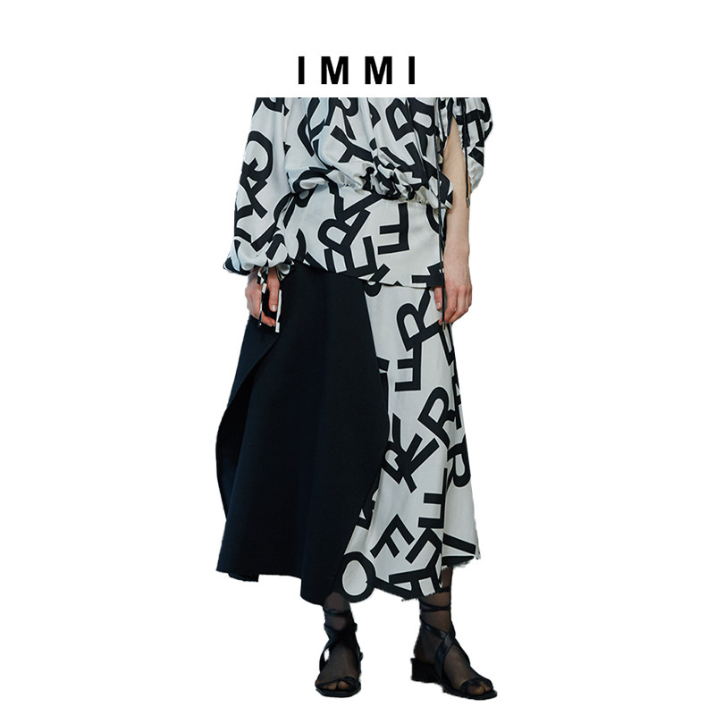 【immi】字母印花桑蚕丝拼布a字半身裙191sk003x