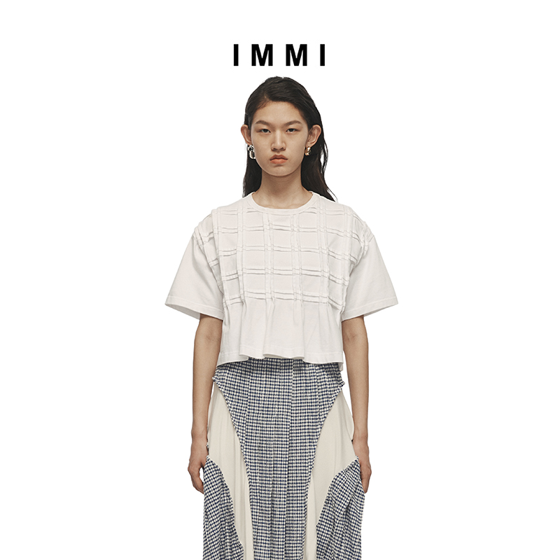 【IMMI】春夏平纹手工方褶短袖T恤111TE008Y 女装/女士精品 T恤 原图主图