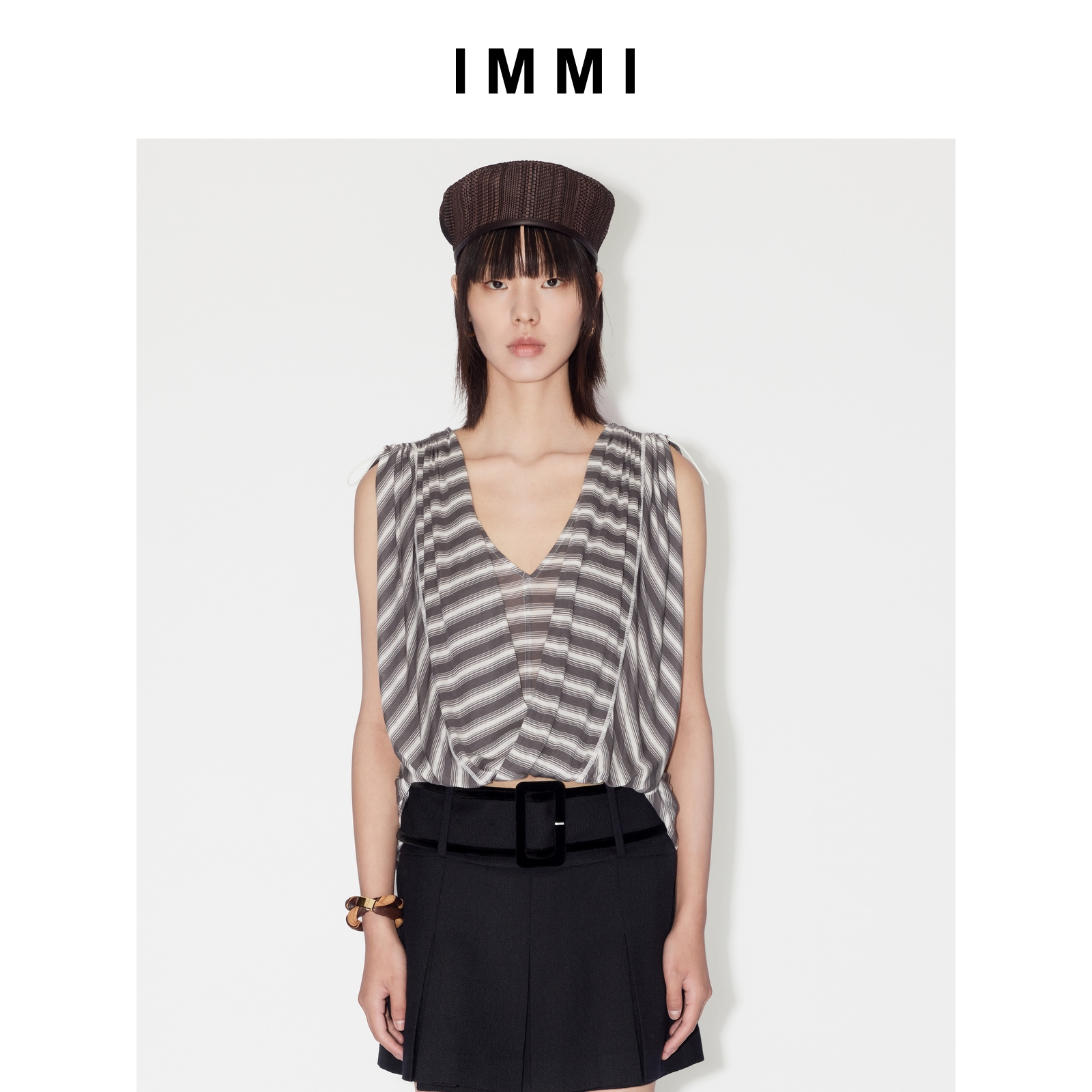 【IMMI】25早秋新品条纹天丝V领可调节肩带背心上衣MWEFWJTP0228X