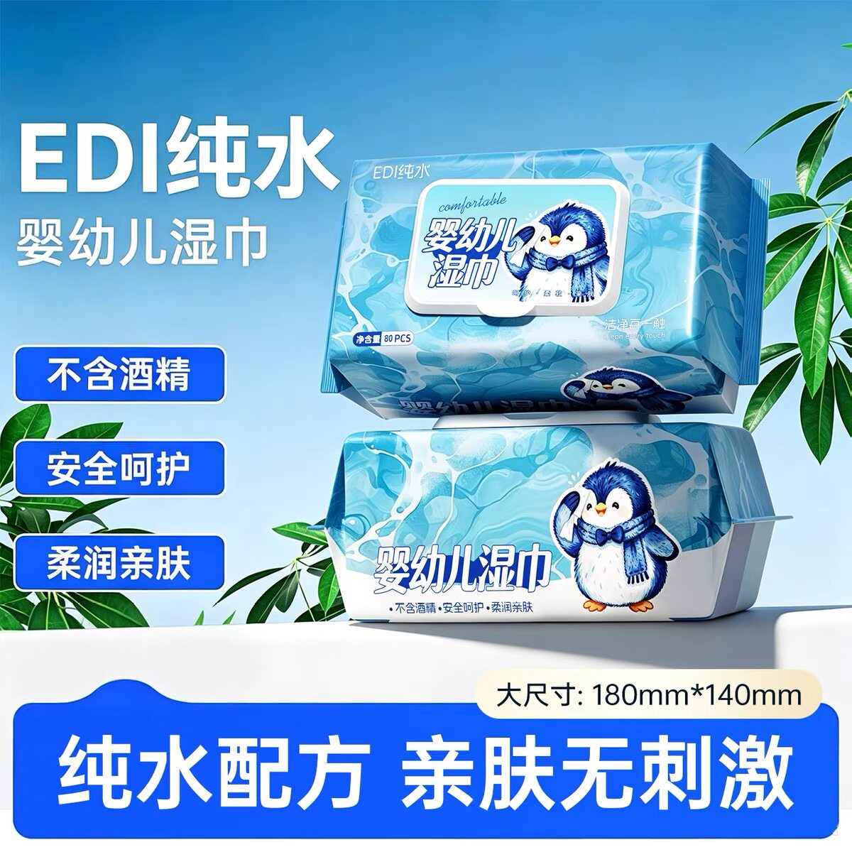 婴幼儿湿巾80抽EDI纯水家用大包装手口擦脸巾水润亲肤加厚湿纸巾