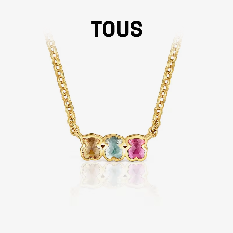 【新品】TOUS桃丝熊Icon Color系列银镀18k金彩色宝石小熊项链