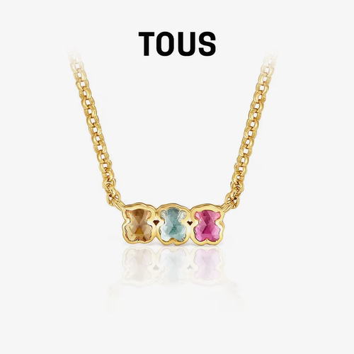 【新品】TOUS桃丝熊Icon Color系列银镀18k金彩色宝石小熊项链
