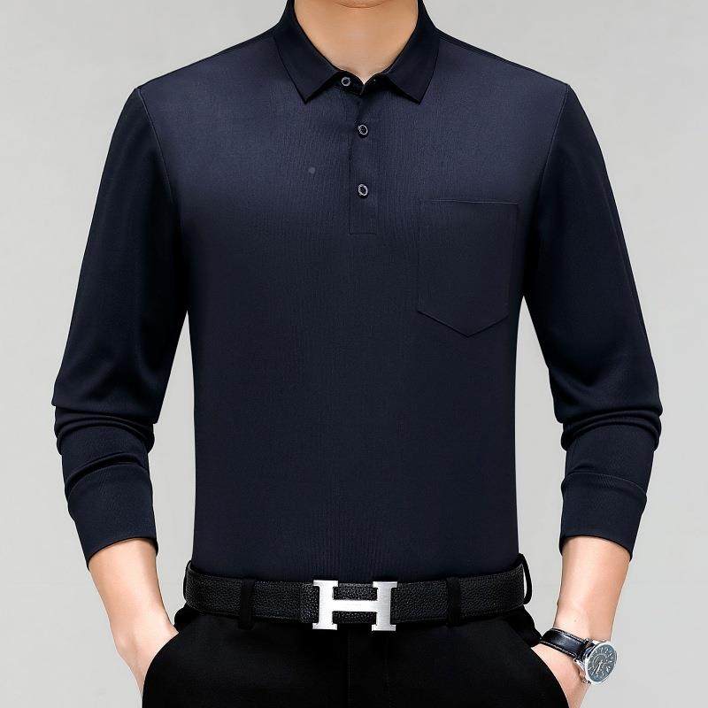 2023春5565-P痕秋季长袖T男士中年翻l领桑蚕丝薄款恤无poo衫爸爸