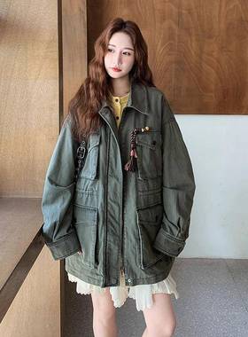 军绿色复古计感设0做旧工外套女225秋新款休闲时尚抽绳翻领D037-9