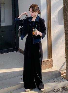 黑色牛仔拼接外套腿裤2两件套女系025b163-T88年秋季新款时尚韩休