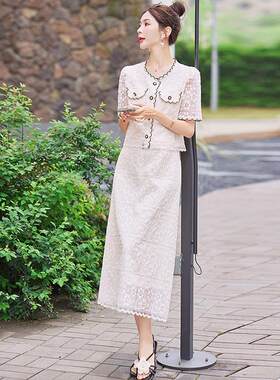 时ZM24419尚闲休套装夏季新品韩身版修蕾丝衫半裙两裙件套女
