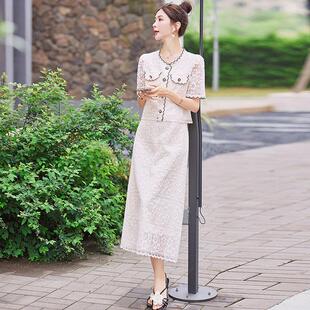 时ZM24419尚闲休套装夏季新品韩身版修蕾丝衫半裙两裙件套女