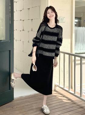 黑色慵懒风针织裙条衣2纹罩衫连套装C153-883女025早秋新款韩系休
