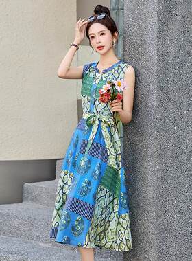 季夏新款女气质修身色印蓝花长圆领中款系带时尚WA6218-0连衣裙