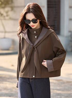 长连帽外套20259秋季新款装休闲袖拉链格子拼接RX9272-0夹克上衣