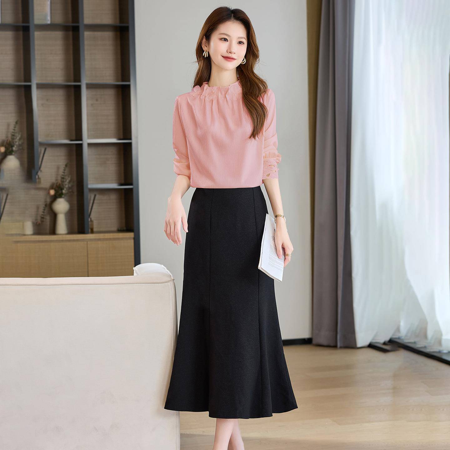 时尚休裙闲套装2025新款装长袖垂感显瘦衬衫半身两HR1075-6件套裙