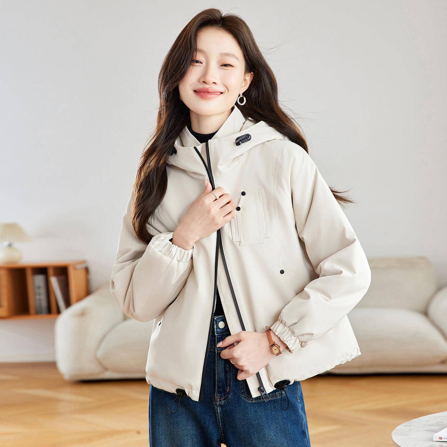 2025秋季连帽外套时尚休闲高感超宽好看松抽绳夹MQ7688-0棉外套M