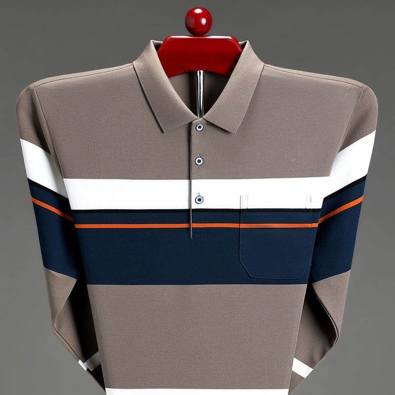 高端条纹秋中爸爸Poo衫男春款长年袖翻领宽松商9847-TB务休闲棉质