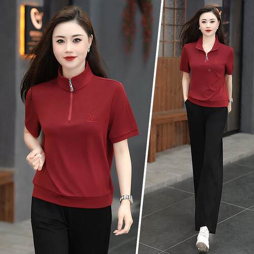 佐曼琦96372运休装动套新款韩版夏季短女袖翻领跑步闲服时尚两件