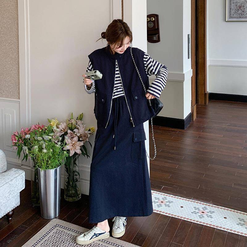 藏青慵懒风休闲运韩动套件装裙色女202C189-T815春季系卫衣马甲半