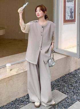 灰色系早秋穿搭一整2025秋季休闲阔设计套感马韩甲T恤腿裤C221-F1