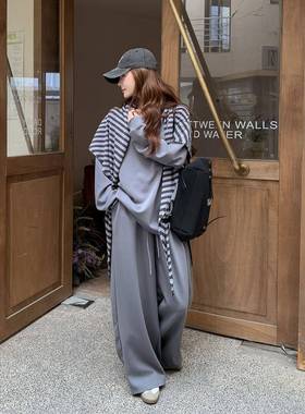 条纹披阔肩灰色卫衣季腿裤三件套女202秋新款D083-E25韩系宽松休