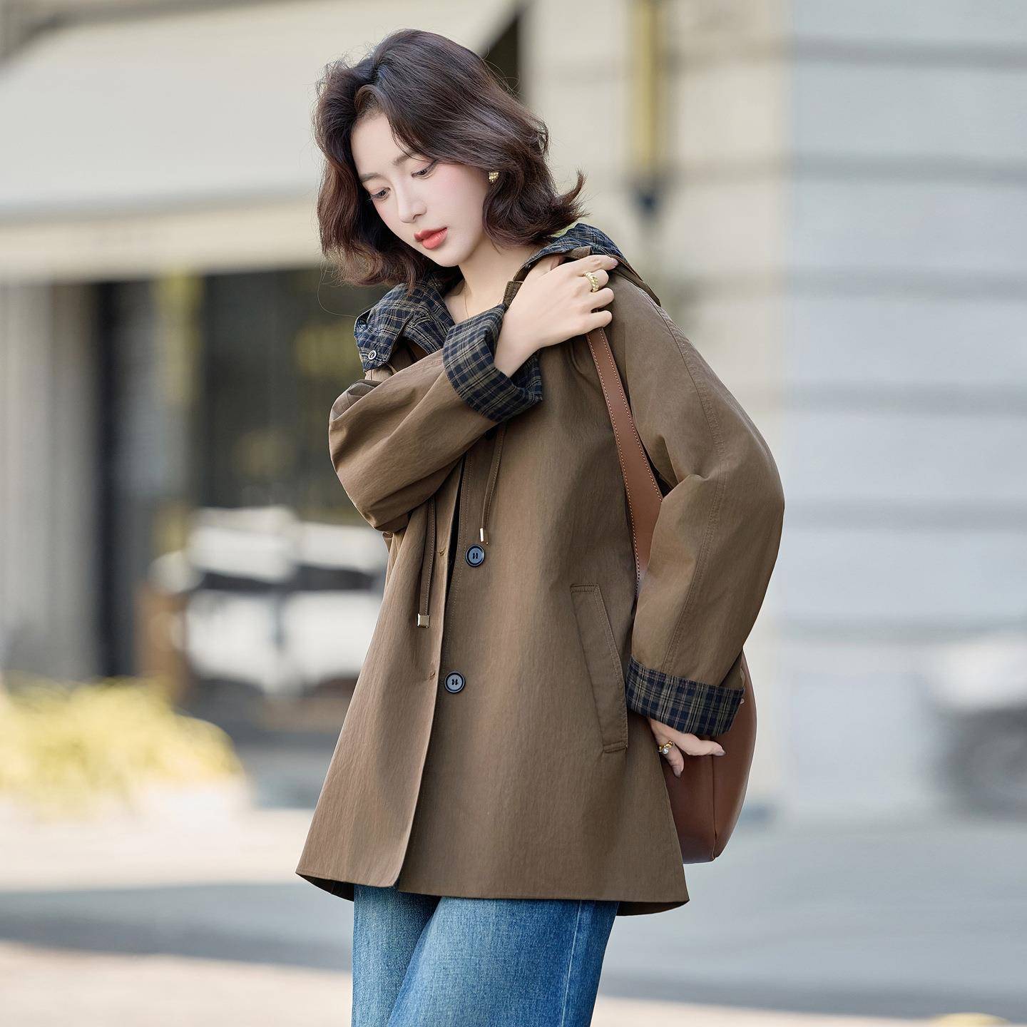 女式风202连5秋衣新款设计宽松帽大衣系带感中长款WW2538-0时尚外