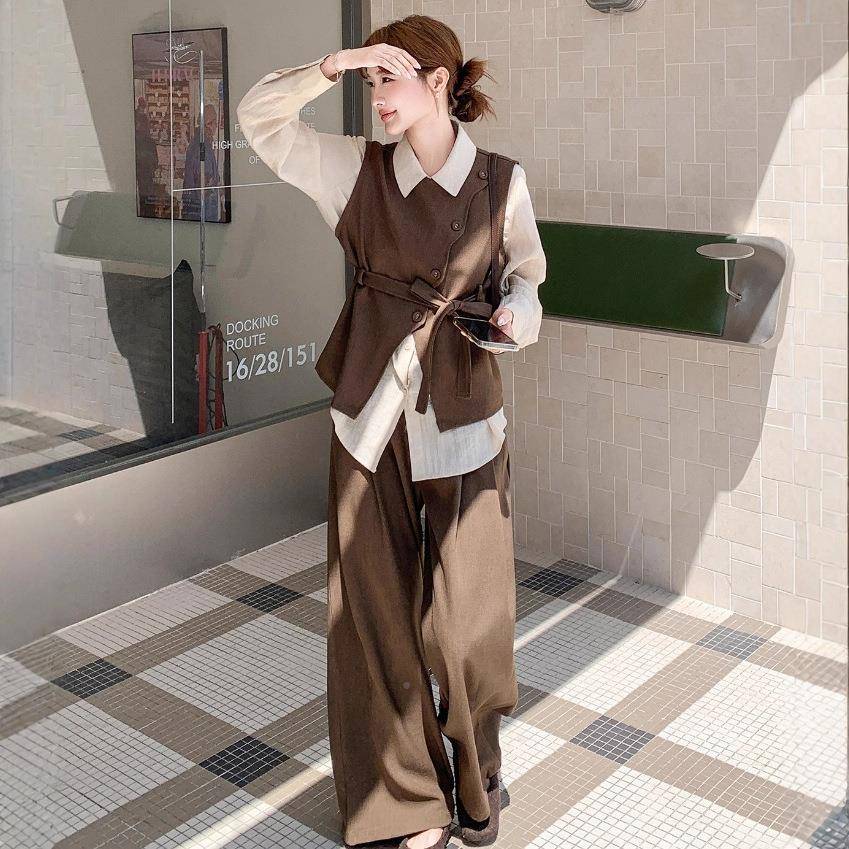 咖色今年流行气质阔不规则马0甲套装女225裤秋季新款衬衫腿C075-8
