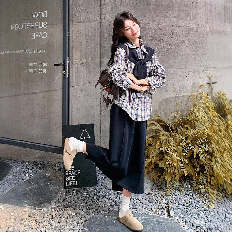 蓝色复古格女纹长袖衬衫套装裙院裙2025秋学风气质减C133-897龄半