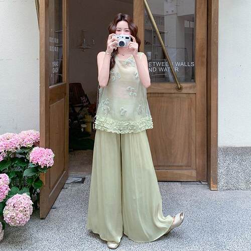浅绿色新阔中式D109-929国风套夏装女新款花朵刺绣无袖上衣裤腿两