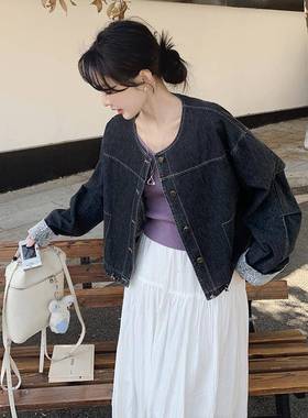 袖女5士牛仔外套新款2AG250202春季时尚蕾丝拼接圆领尚牛仔外套时