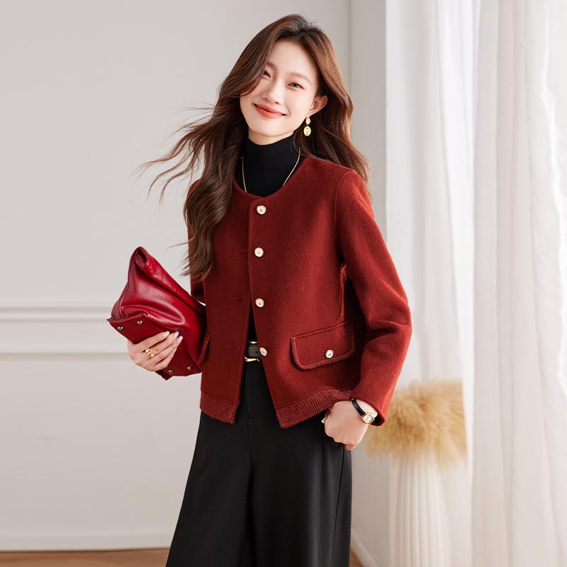 圆领短款双面外羊毛呢衣女秋冬新款直套上筒气质小香HE8810风毛呢