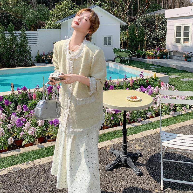 奶黄接色蕾套丝拼小香风C239-H60外上女2025春季法式设计感甜美减