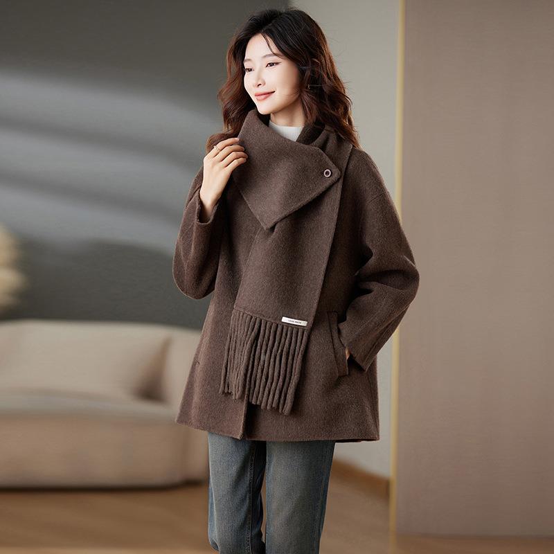 女式毛呢外套20围2巾4秋冬新款时尚衣简约中长款双MN2435面羊毛大