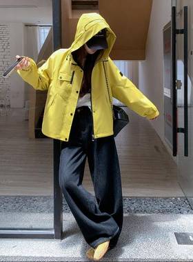 黄色韩系13186x15小个子5连工装短外套冲女202秋季帽好看洋气休闲