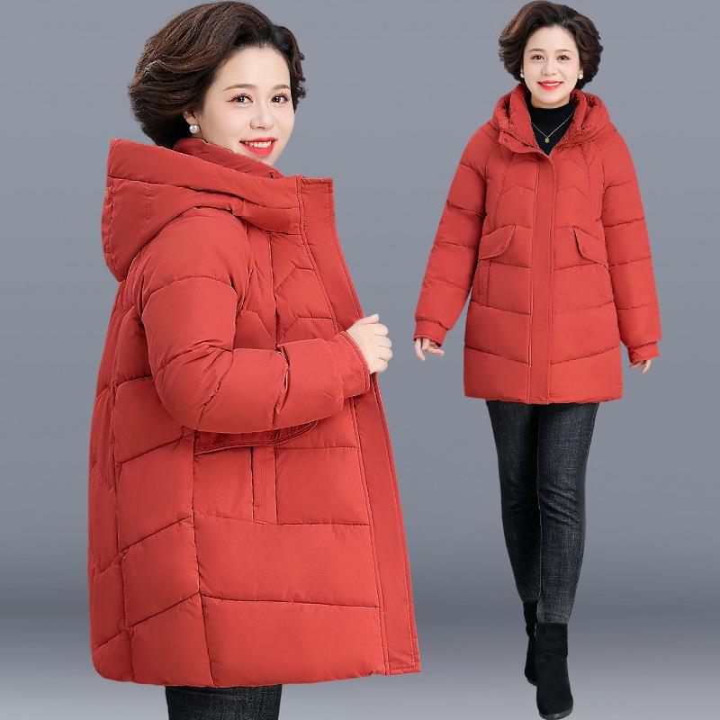 224冬装中年0妈羽绒棉服84314747中长款洋红色加厚保暖连帽棉衣气