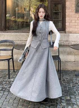 式复古灰色马甲套装女20C116-25525文秋季新款两件套今法年行流半