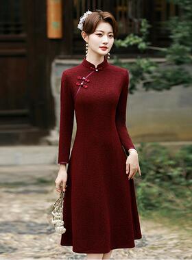 2中025秋季新款女新式国风弹力复合蕾提花长袖旗袍丝连衣2裙LXLX2