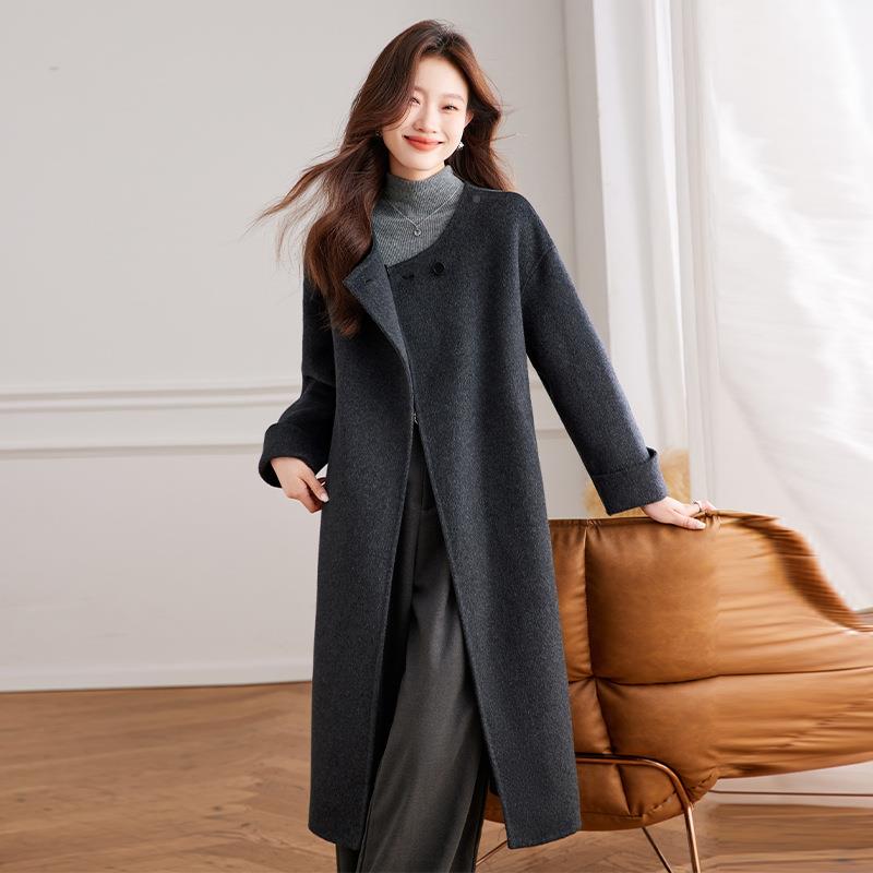 可拆卸流面苏围装巾双HE8812毛大衣女气质过膝潮流宽松毛呢外套羊