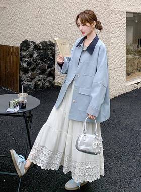 浅蓝色5设计感翻领风衣气外套女202秋季系小个子质减龄C161-882工