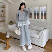 裙女0225秋新款 色设计感蕾丝灰拼高接卫c159 586衣套装 腰显瘦半身