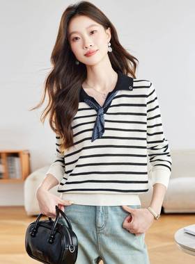 202款秋装新时尚POLO衫翻领飘带长袖5宽松针织上衣休闲H外套S0SH0