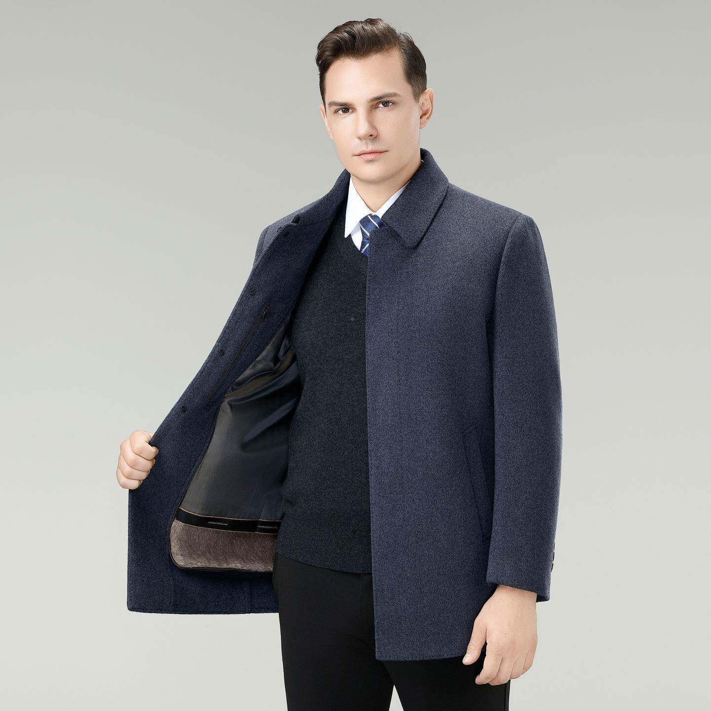 225冬男士双面毛大衣商务翻羊A8102-C领中年保暖可拆外加0绒内胆
