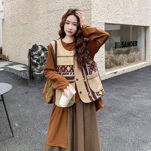 设计感不规T恤则裙裤 2025秋季 休闲 C22咖色民复古风马甲套装 C103