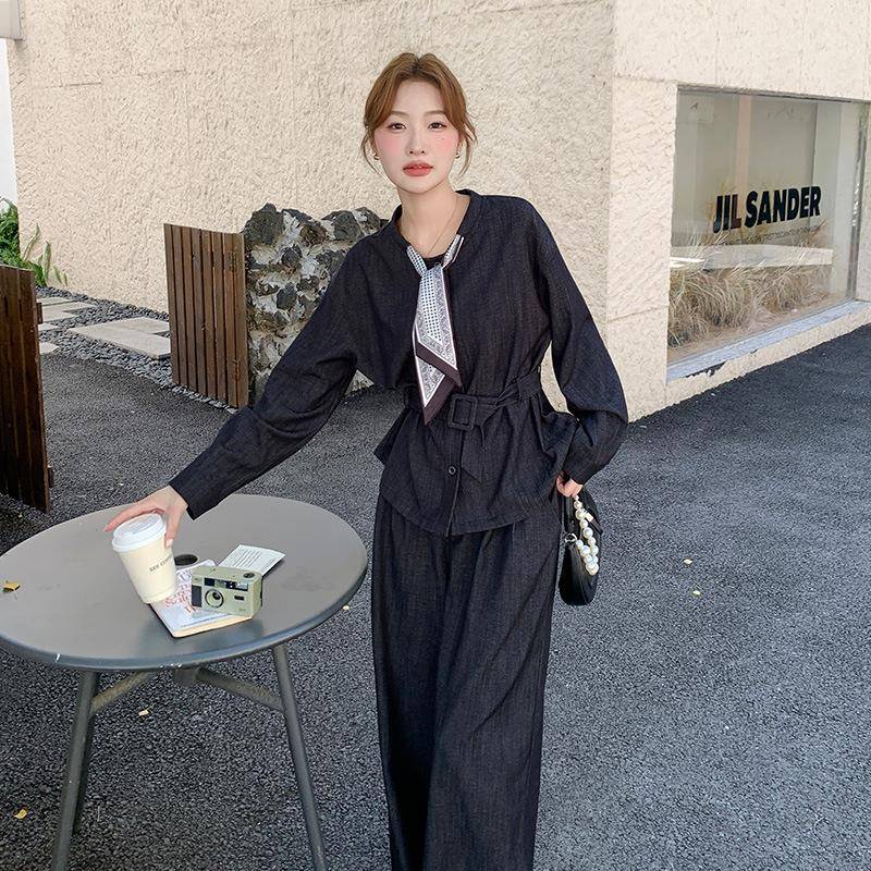 深蓝色通勤职牛仔套装女C055-509秋2025新款收腰衬衫腿上衣季阔裤